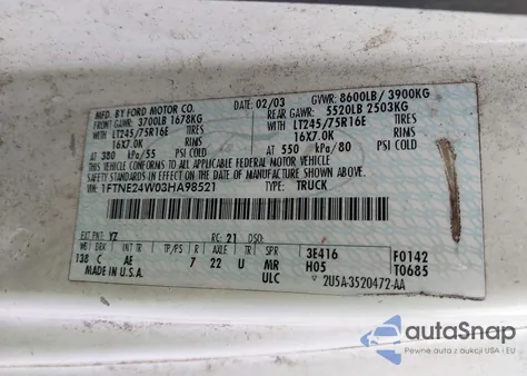 2003 Ford E-250 Commercial/Recreational from USA, damaged, VIN 1FTNE24W03HA98521